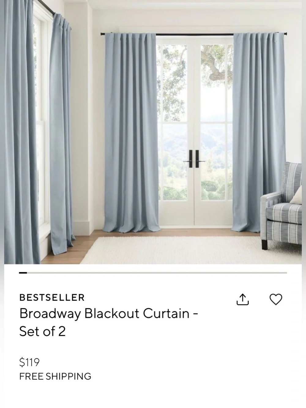 NWT SINGLE Pottery Barn Broadway Chambray Blue Blackout Curtain 50x84 in